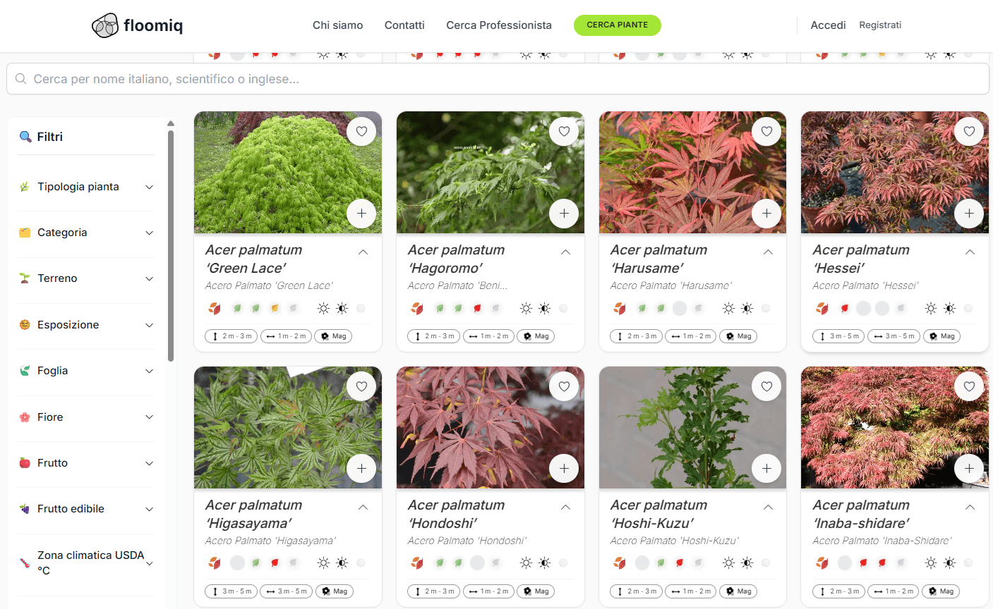 Interfaccia catalogo piante Floomiq